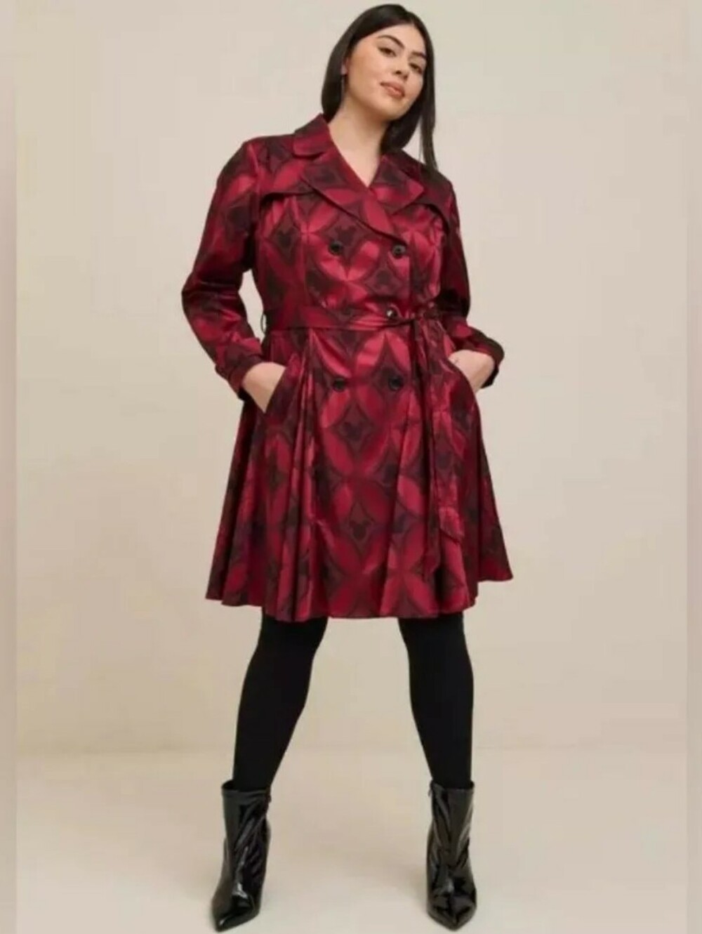 Size 2 Torrid Disney Red Black Mickey Mouse Jacquard Swing Trench Coat *No Belt*